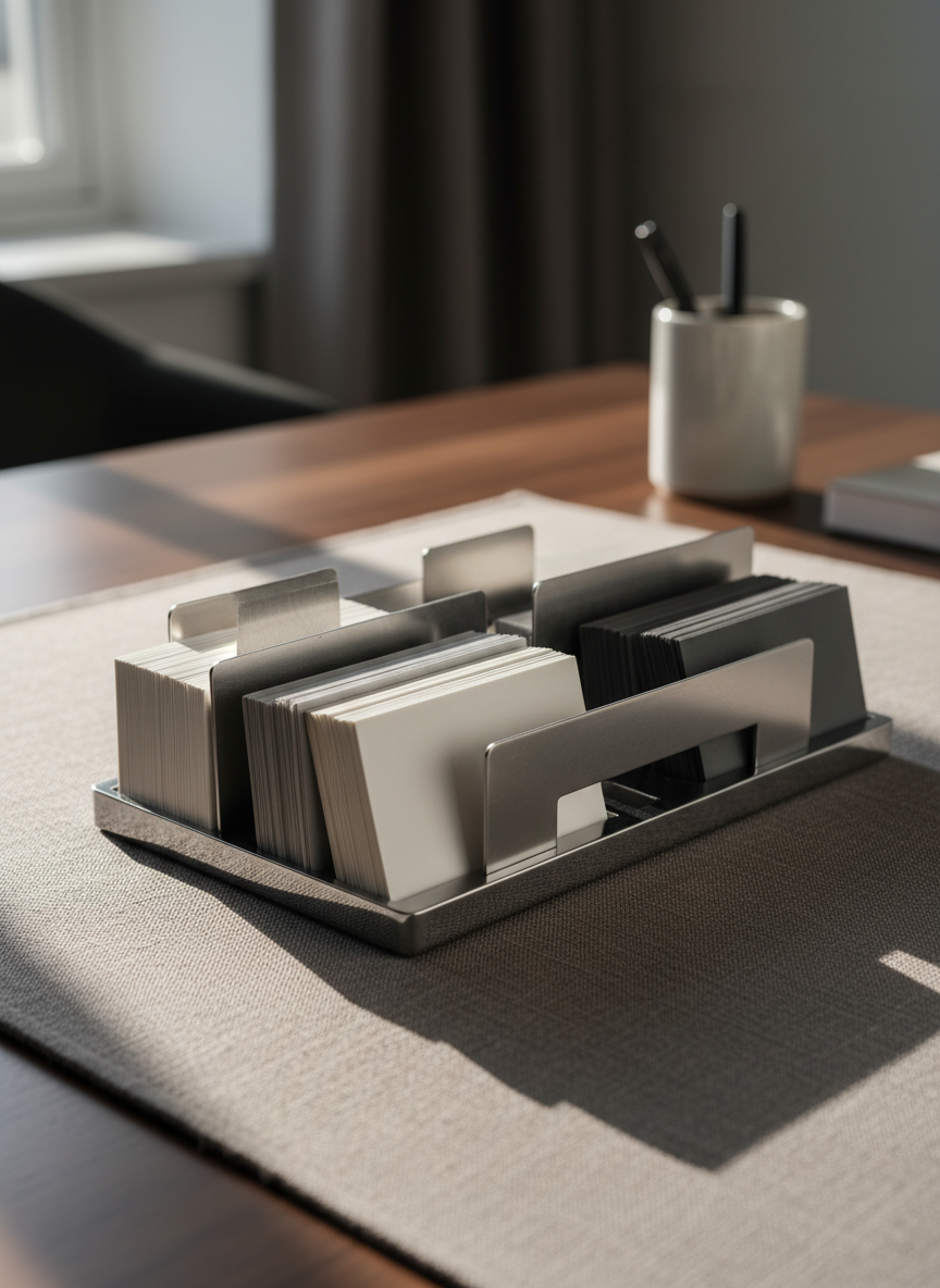 A close-up of a sophisticated, chrome desktop accessory organizer holding precision-cut, monochrome index cards and minimalist metal dividers—all sharply aligned on a textured, warm-grey linen desk pad. The low, raking afternoon light from a nearby window creates long, clean-edged shadows and pearlescent glints on the metallic surfaces, highlighting both functionality and design. Shot from a shallow angle with intentional depth of field, the tightly framed image emphasizes balance, organization, and understated luxury, supporting the consulting agency’s corporate aesthetic and focus on structured, effective business planning.